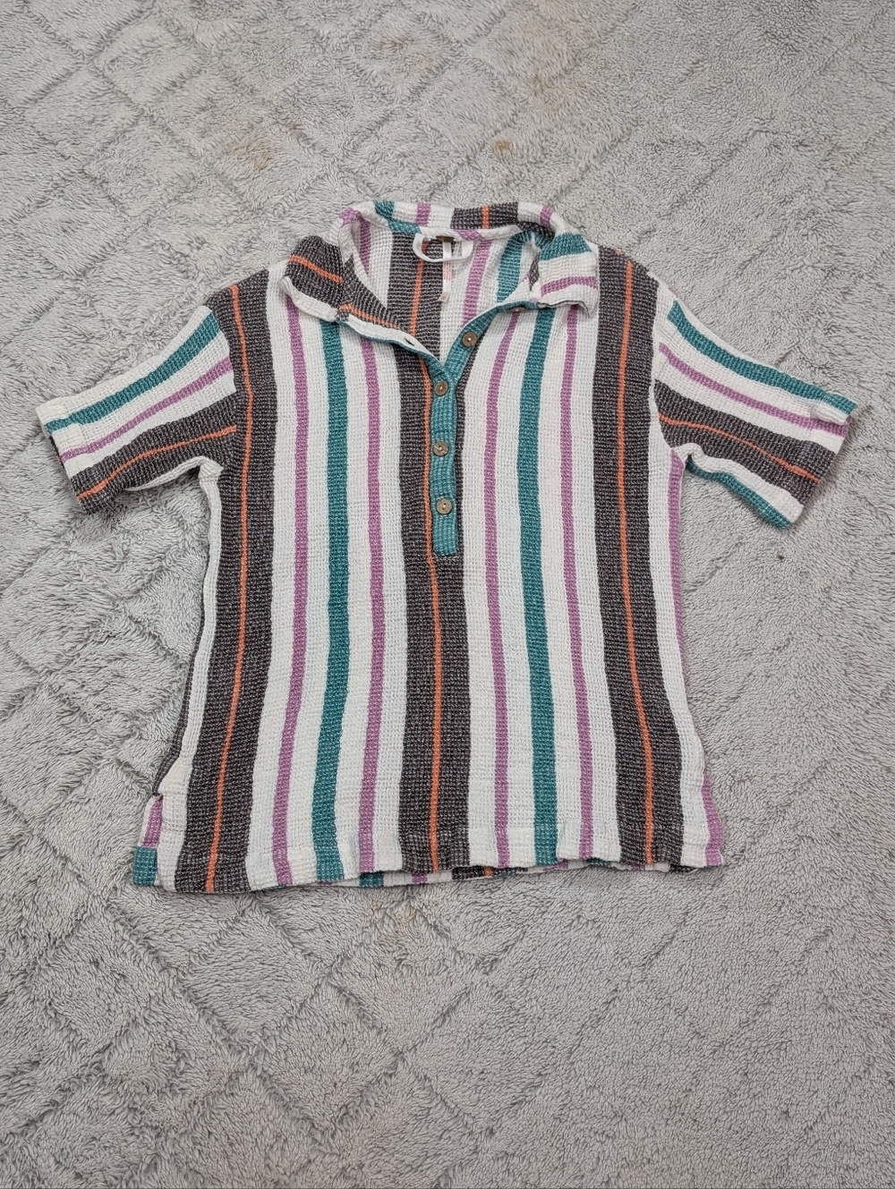 Free People Top Womens XS Summer Soleil Time Waffle Knit Boxy Henley Polo